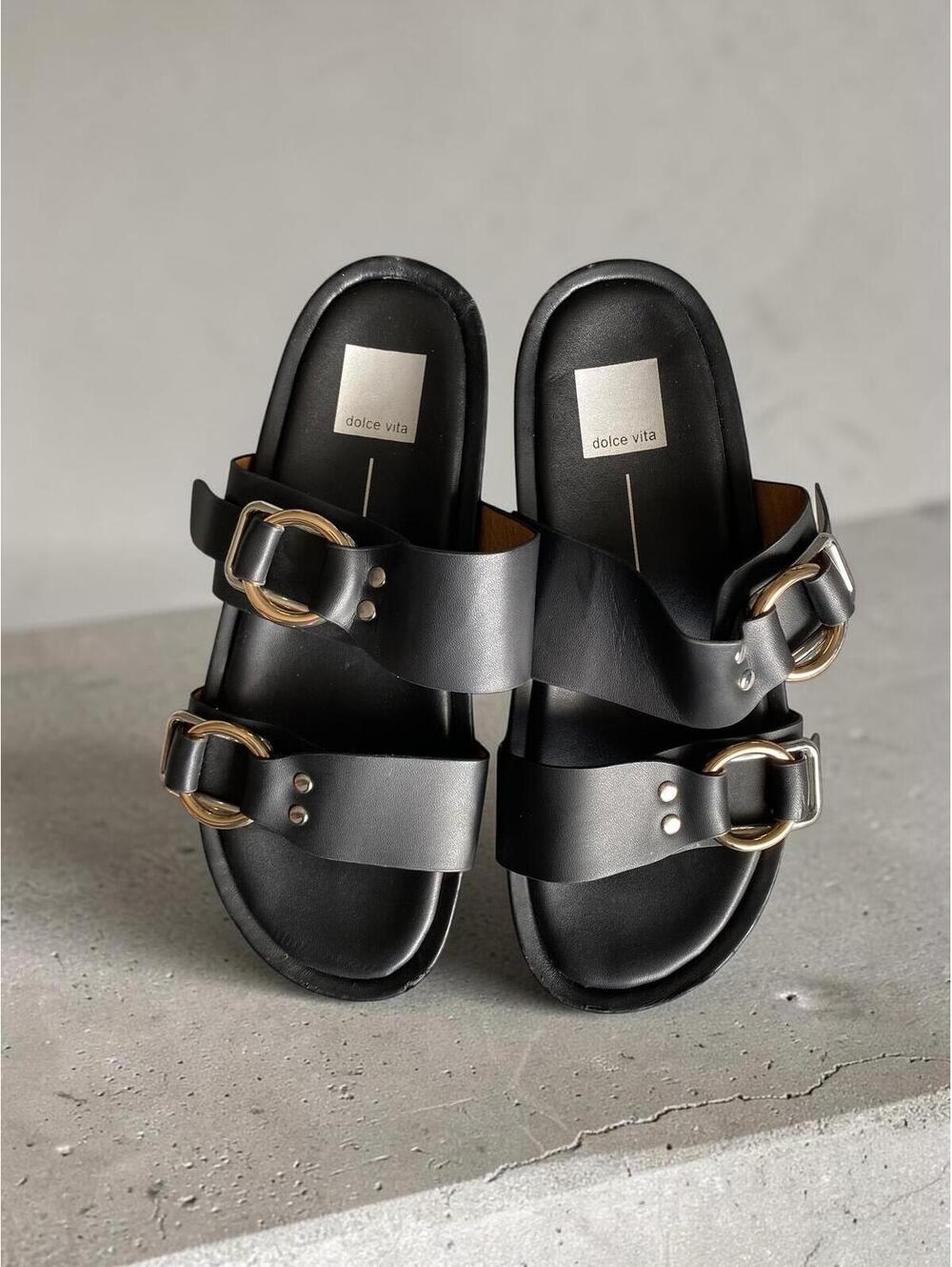 Dolce Vita Black Double Buckle Slide Sandals with Gold Buckles